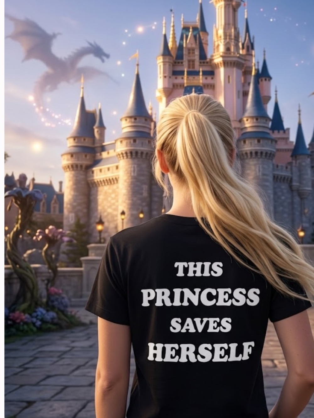 No Prince Charming "This Princess Saves Herself" Black Cropped Tee - Size Small